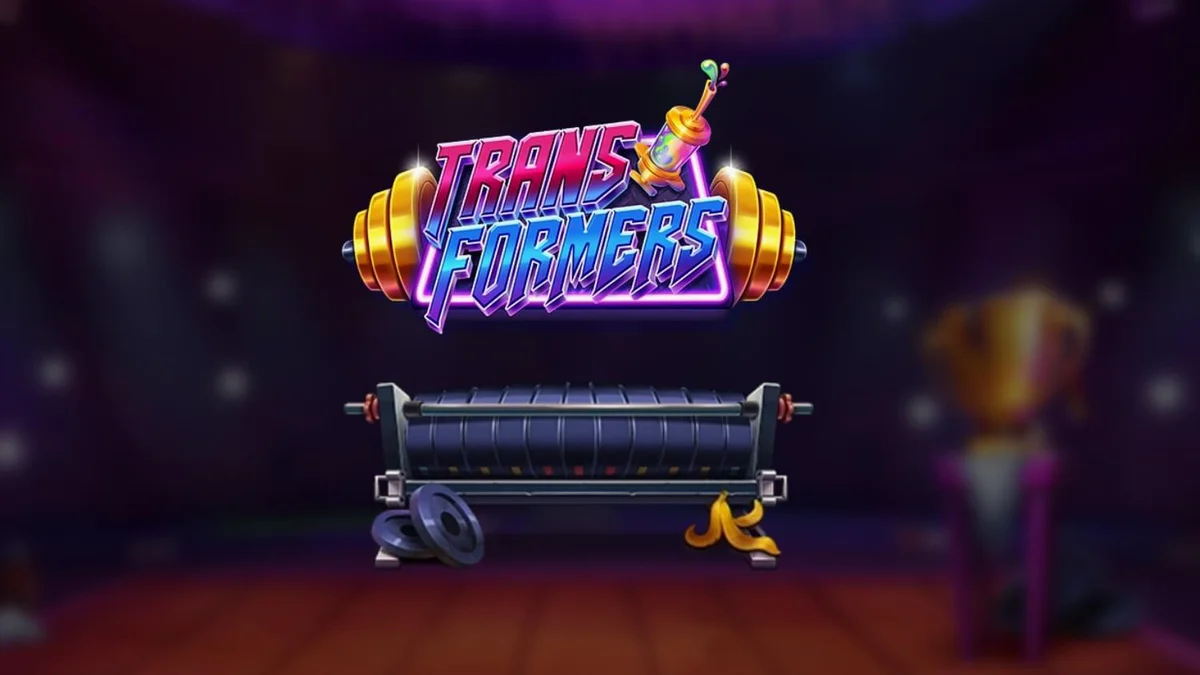 Visual neon-noir yang intens dari slot Transformers dengan karakter utama di tengah arena.